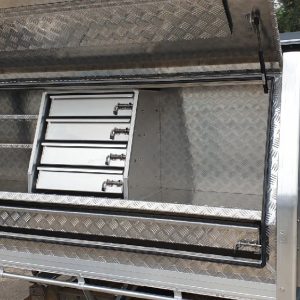 Angle High side fit-outs, tray tool Box - On tray Chequer Plate - with optional drawers