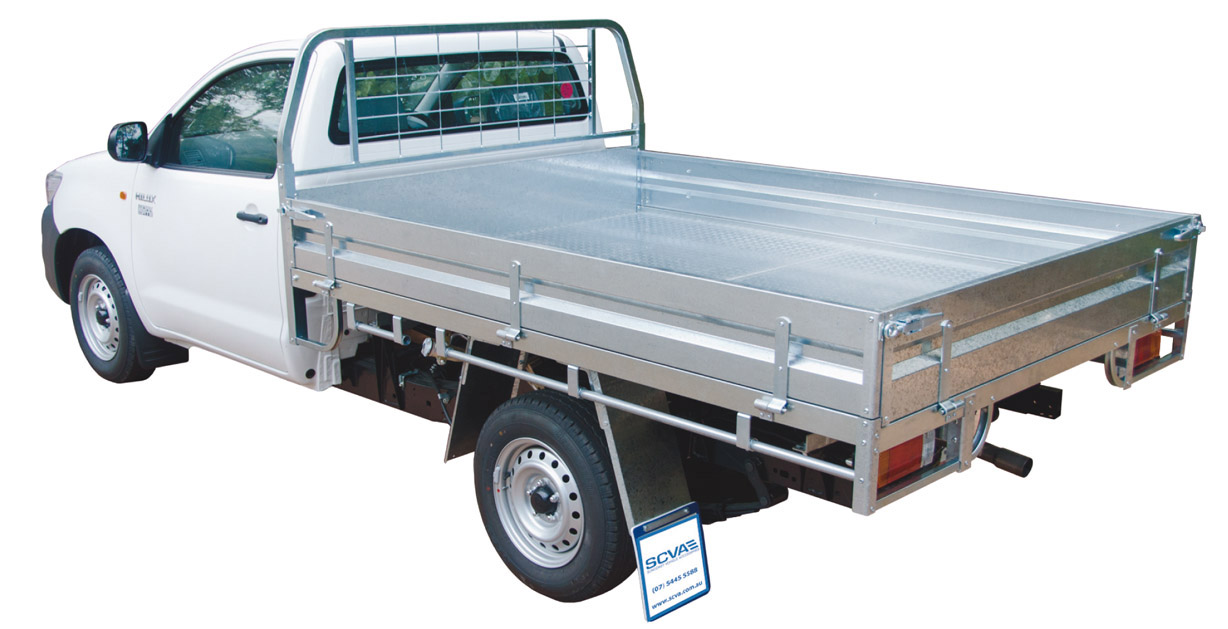 Galvanised Steel tray with Tapered Headboard, mesh window guard, front steps (not dual cab) & tail light protectors